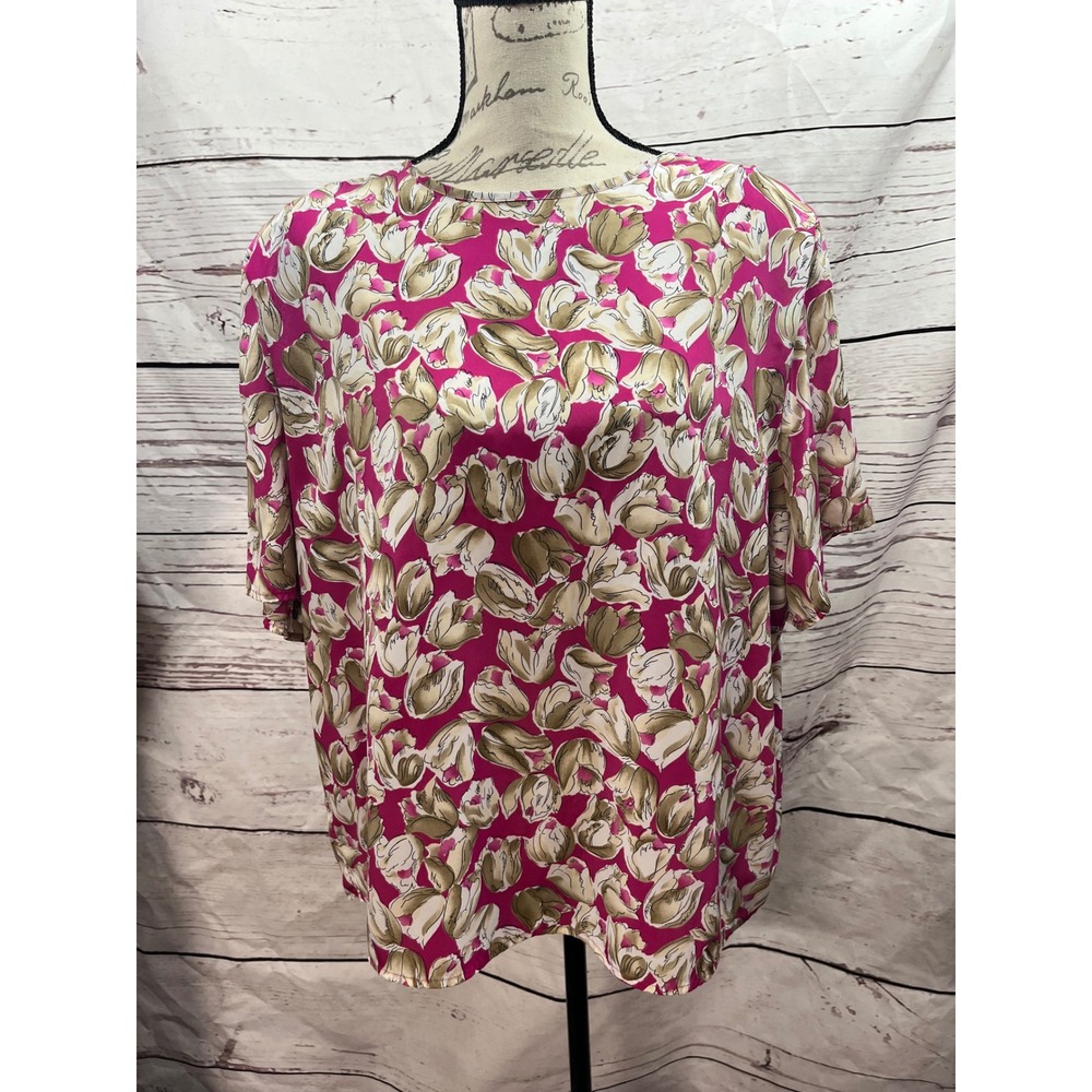Classic Expressions Womens 22W Fuchsia Pink Floral Tulip Short Sleeve Blouse Top